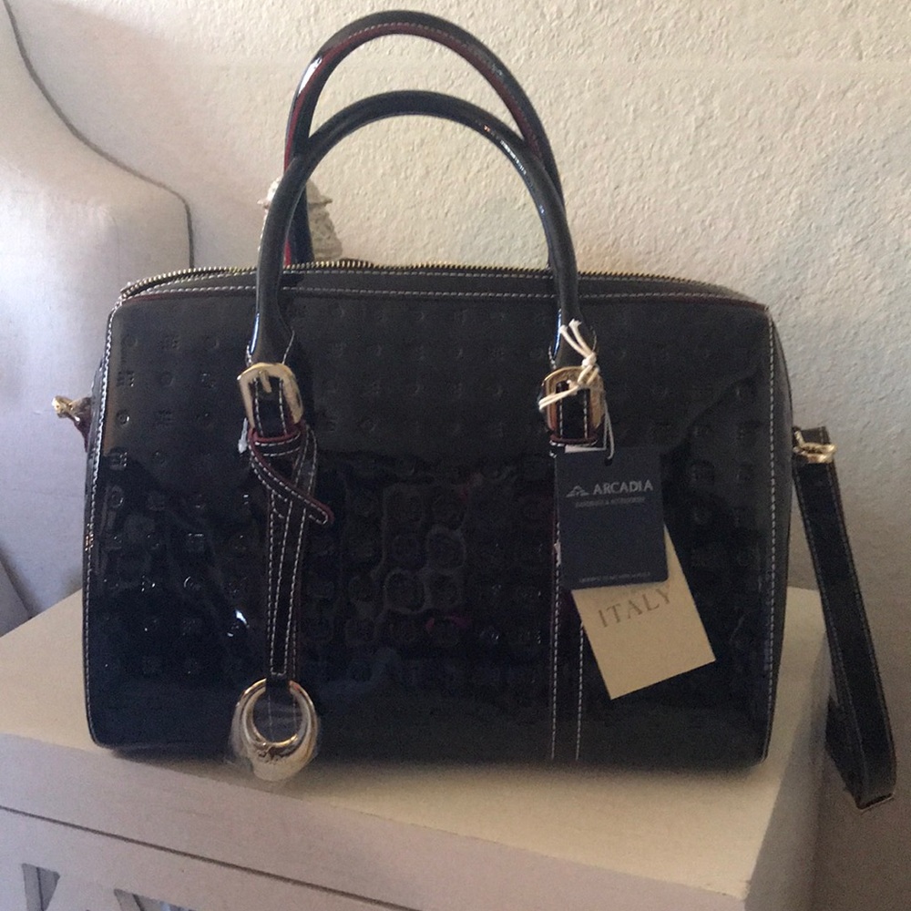 Arcadia black paten leather handbag